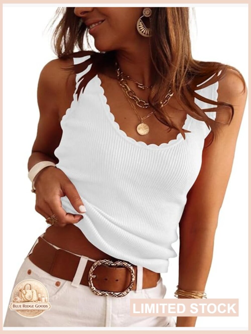 Scoop Neck Sleeveless Tank Top Ribbed Knit Scallop Edge Summer Casual Vest - Picture 1 of 7